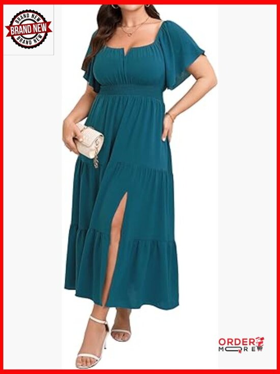 Dresses & Skirts - Plus Size Formal Maxi Dress Short Sleeve Square Neck Smocked Side Split Tiered